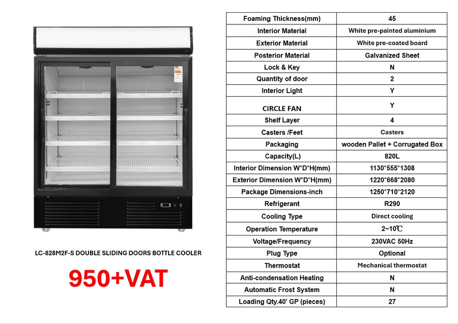 2 SLIDING DOOR UPRIGHT DRINK FRIDGE LC-828M2F-S