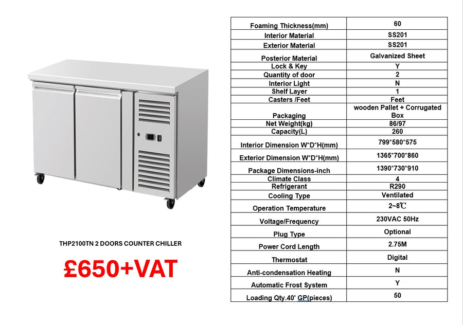 2 DOOR UNDERCOUNTER FRIDGE THP2100TN